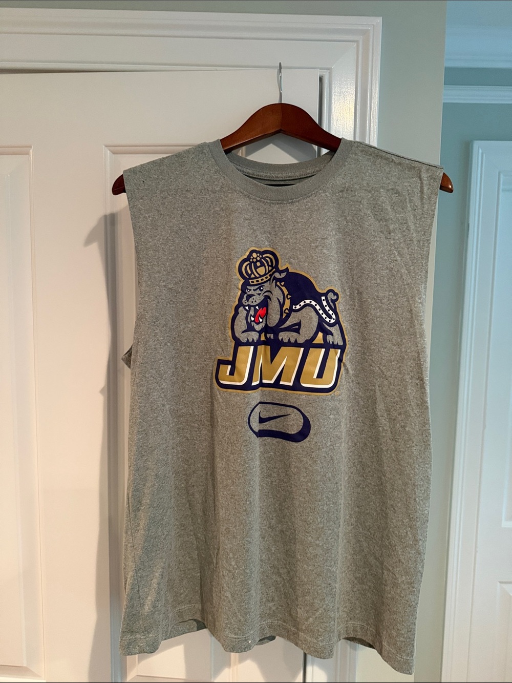 Nike Grey JMU Bulldogs Sleeveless Graphic Tee with Gold & Purple Logo